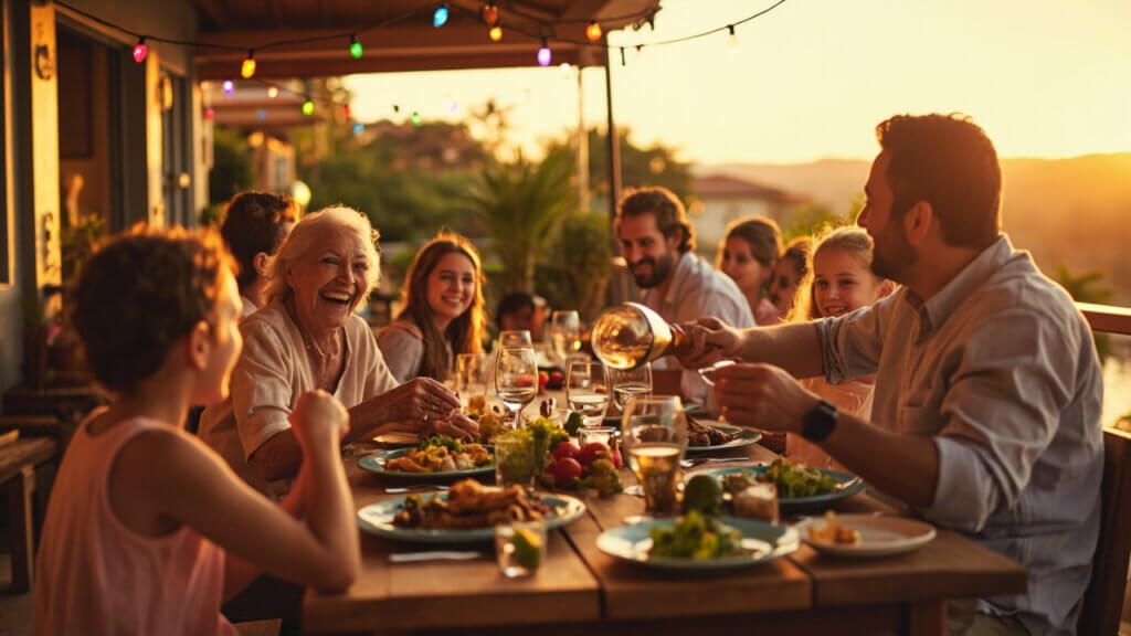 Multi-generational family laughing together over dinner on vacation