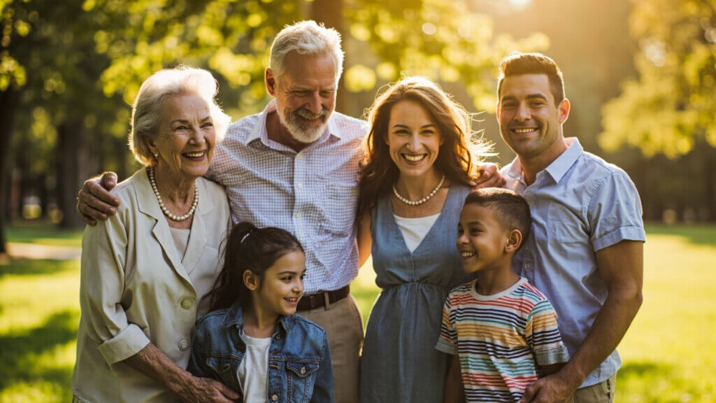 Multi-generational family posing happily for a group photo at a reunion