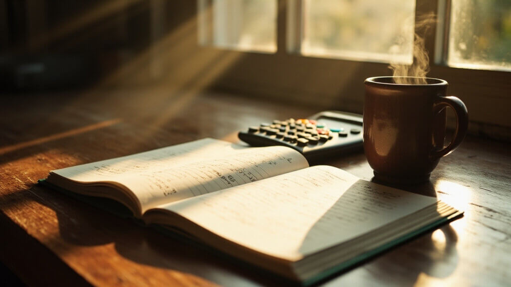 Notebook and calculator used to plan retirement savings goals at home