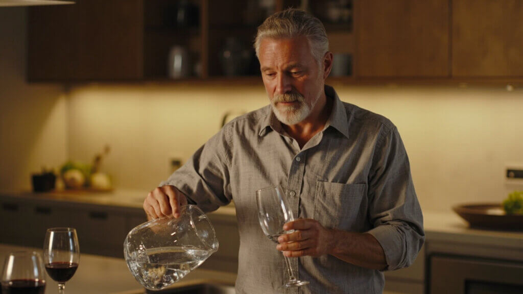 Older adult balancing a glass of water with alcohol to stay hydrated and avoid side effects