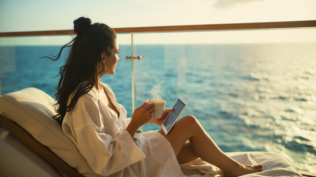 Older adult enjoying her morning on a cruise balcony with a tablet and ocean view