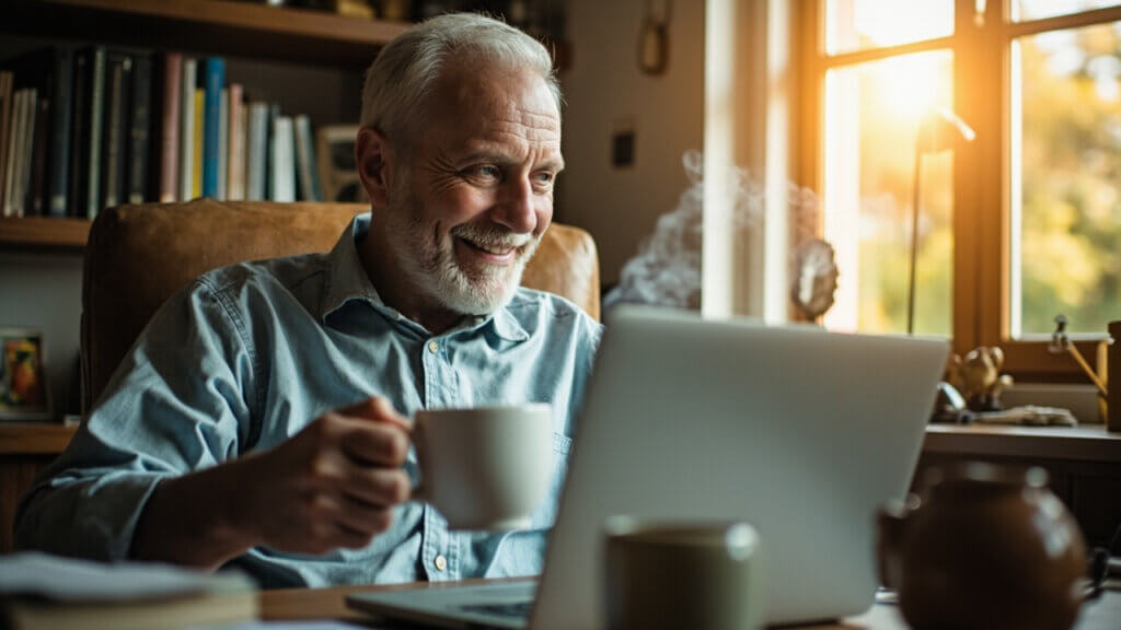 Older adult reviewing retirement numbers on a laptop at home