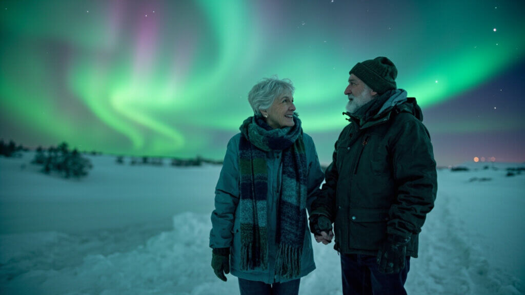 Older couple enjoying the Northern Lights together on a bucket list trip