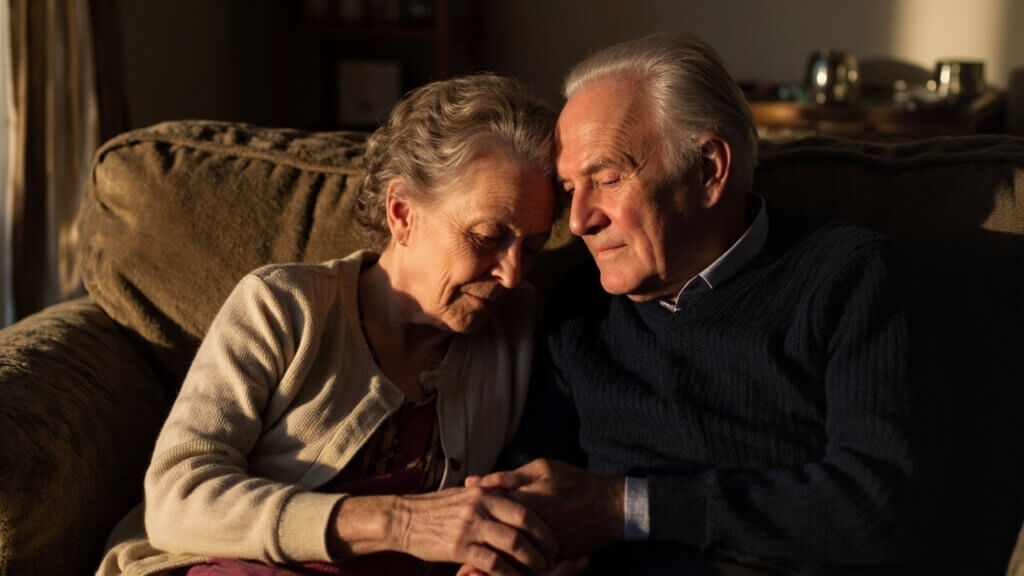 Older couple holding hands on a couch, sharing a quiet emotional moment