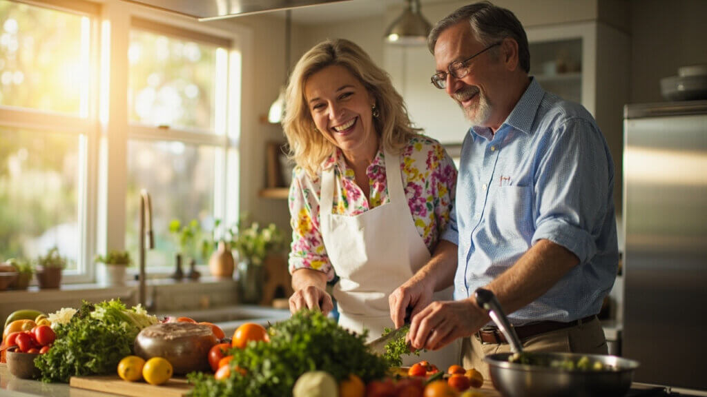 Older couple laughing and cooking dinner together in the kitchen