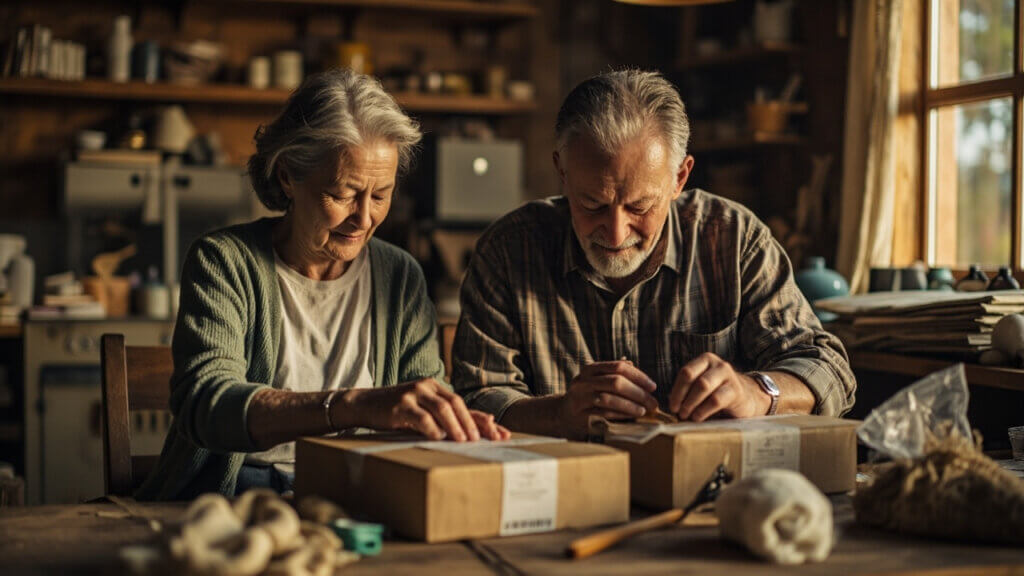 Older couple running an online craft business from home, packing products for delivery