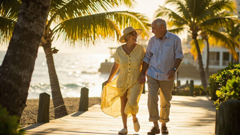 Older couple walking hand in hand outdoors, smiling warmly at each other