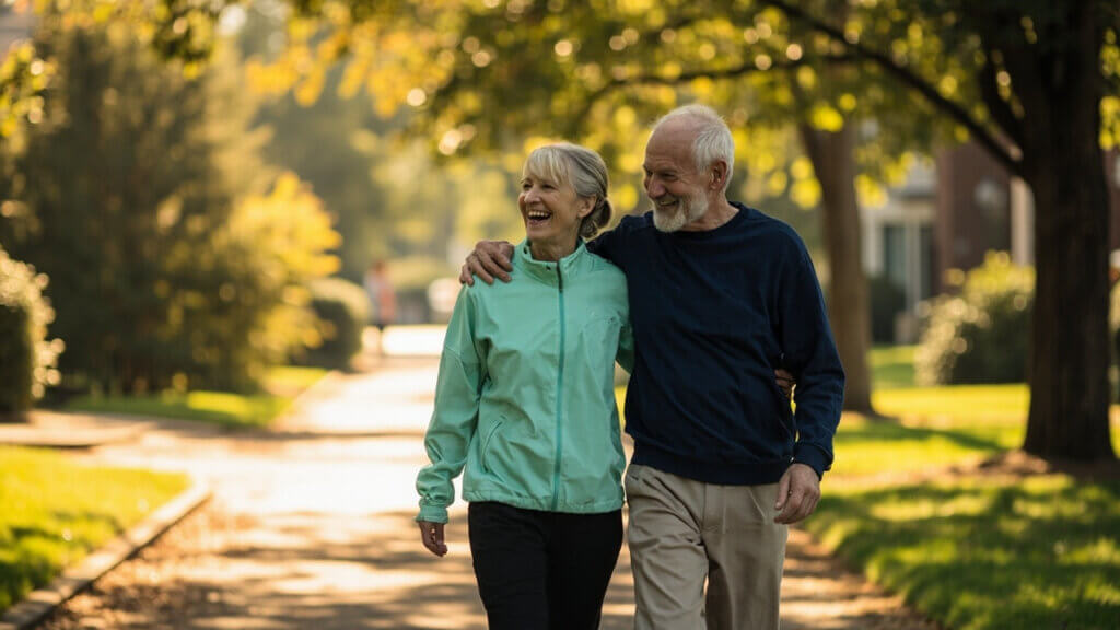 Older couple walking with good posture outdoors, smiling and upright