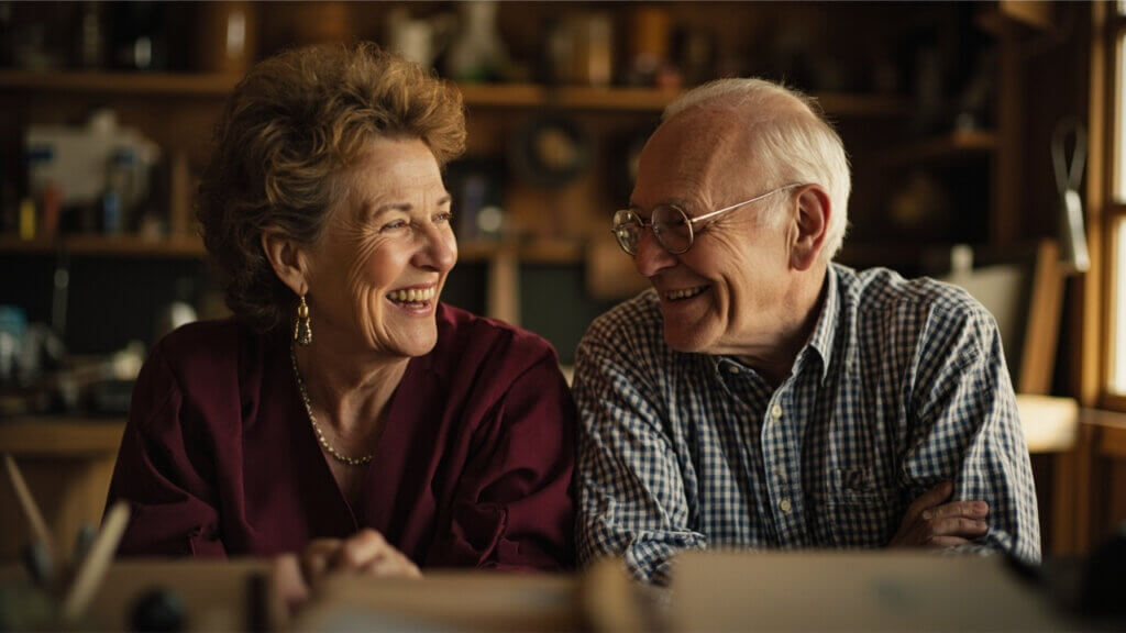 Older man and woman laughing together at a group class or event