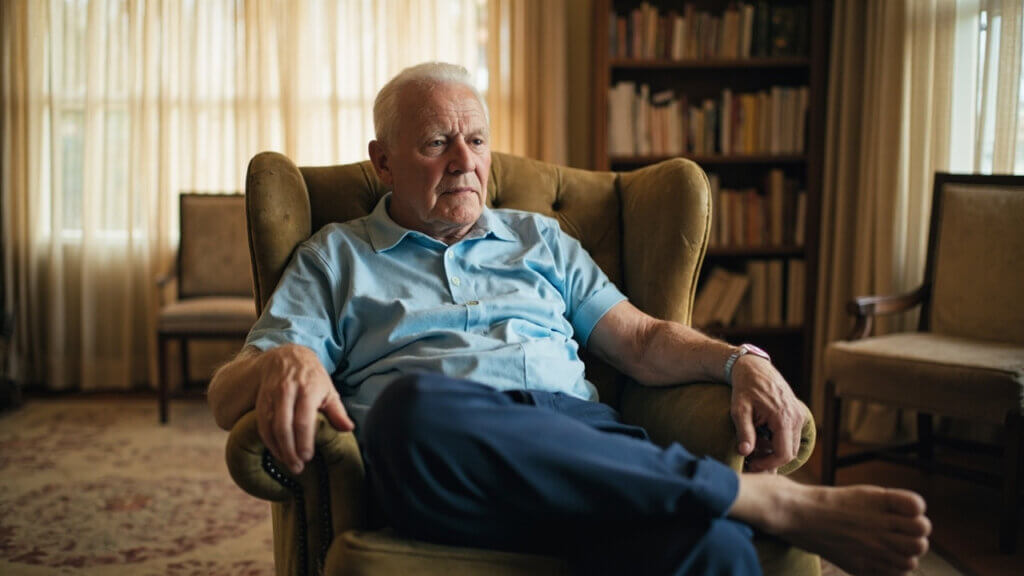 Older man in a chair doing a seated spinal twist stretch for better posture