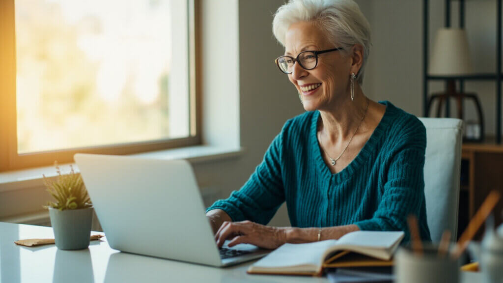 Older woman enjoying remote part-time work from the comfort of her home