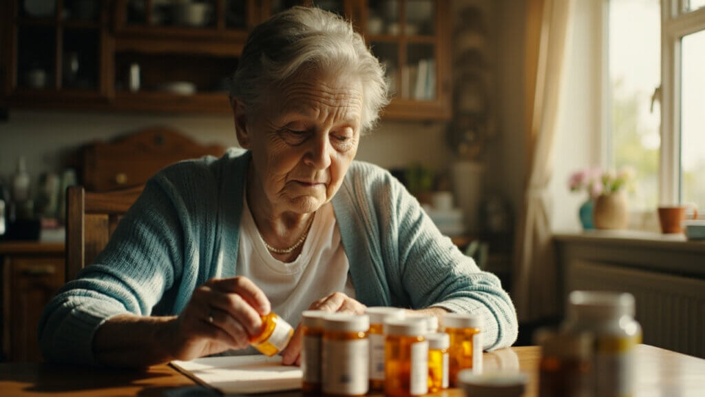 Older woman sorting her medications with a confused expression