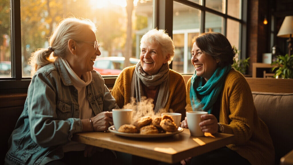 Retired friends talking and laughing together at a café
