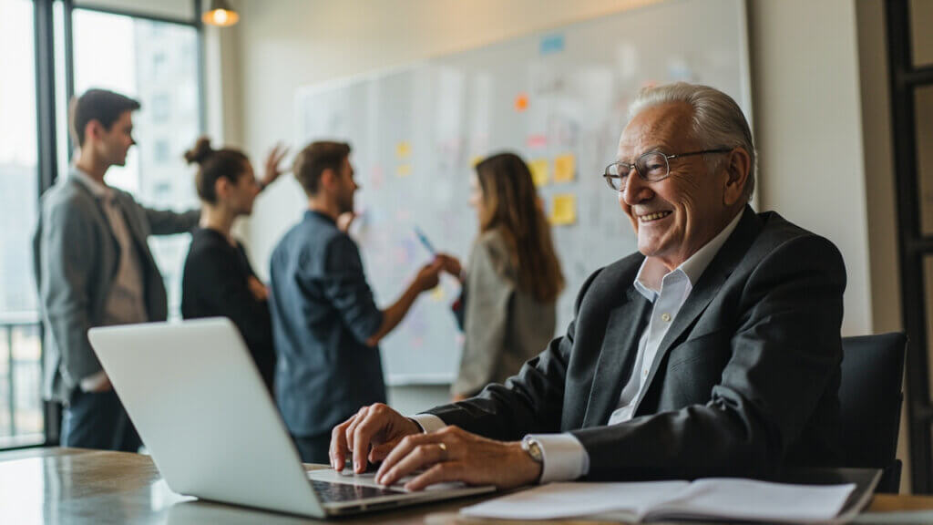 Senior man at an office desk smiling while working with younger colleagues