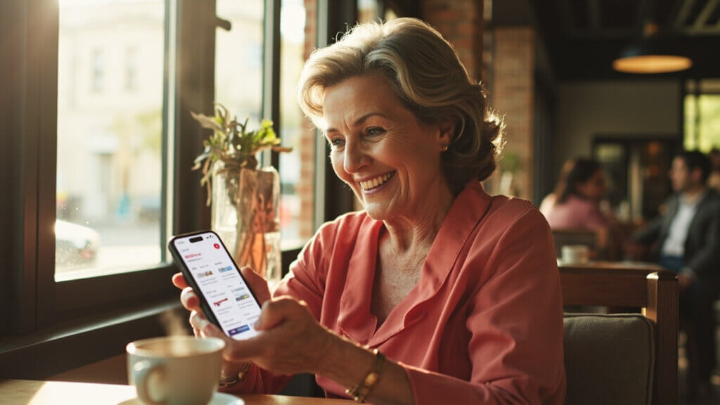 Senior using a phone to view AARP benefits and discounts on the app
