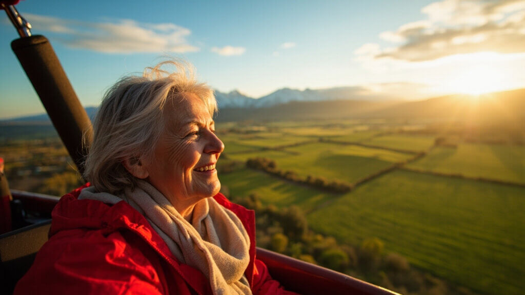 Senior woman enjoying a hot air balloon ride during retirement adventure