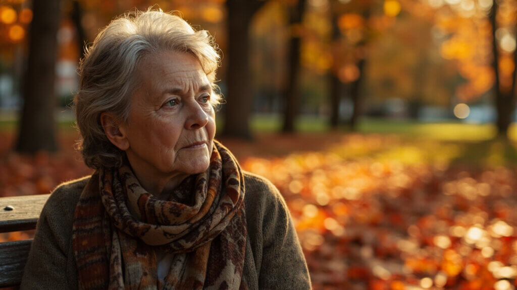 Senior woman sitting alone on a bench, reflecting with a quiet expression