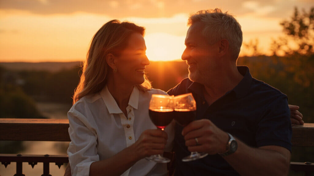 Smiling couple over 50 enjoying a glass of wine together during sunset with moderation