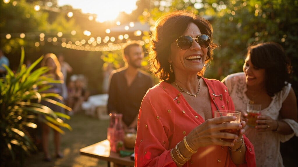 Smiling woman enjoying a non-alcoholic drink in a social setting without pressure to drink alcohol