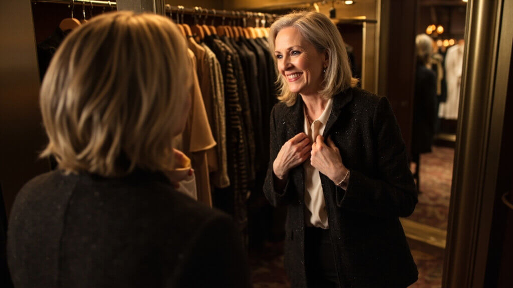 Stylish older woman admiring a flattering knit blazer in a well-lit fitting room