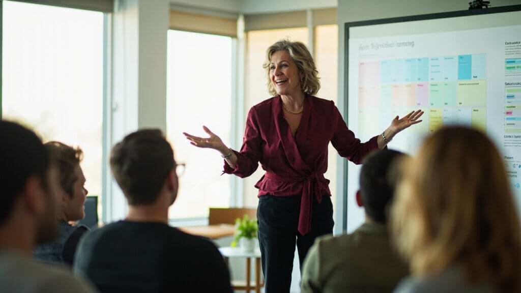 Woman over 50 teaching a small business workshop to a group of adults